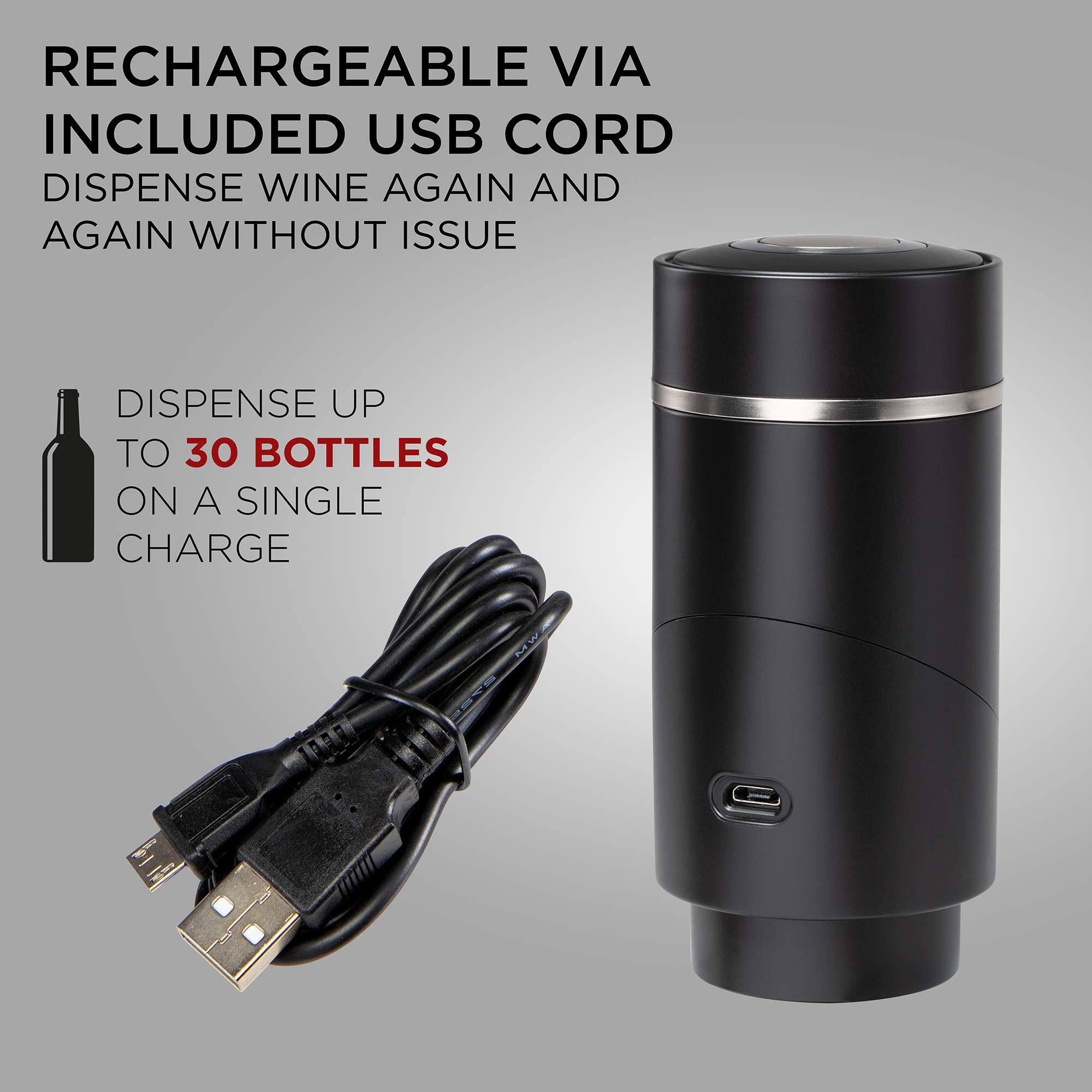 RECHARGEABLE VIA INCLUDED USB CORD
DISPENSE UP TO 30 BOTTLES ON A SINGLE CHARGE
DISPENSE WINE AGAIN AND AGAIN WITHOUT ISSUE