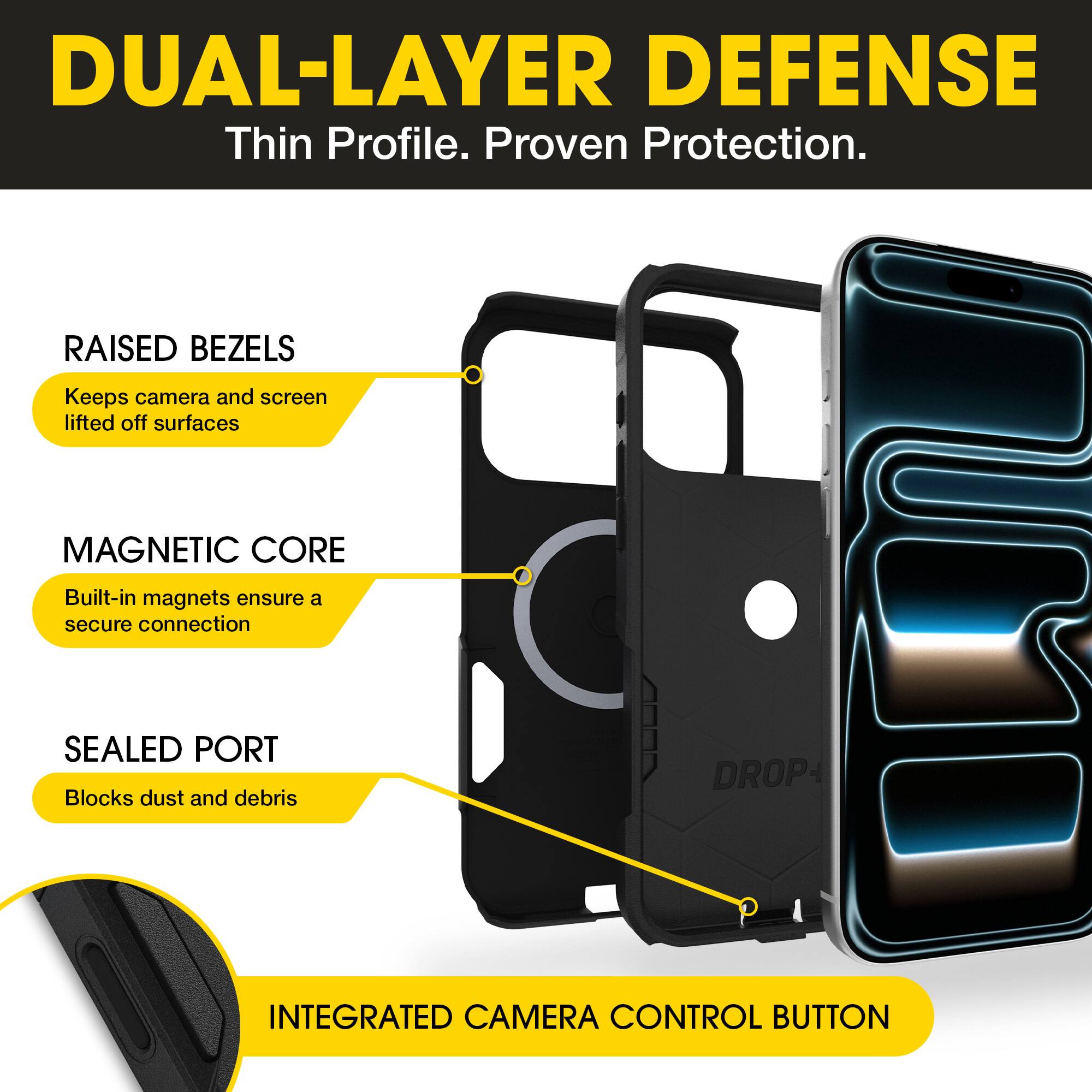 DUAL-LAYER DEFENSE  
Thin Profile. Proven Protection.

- RAISED BEZELS  
  Keeps camera and screen lifted off surfaces

- MAGNETIC CORE  
  Built-in magnets ensure a secure connection

- SEALED PORT  
  Blocks dust and debris

- INTEGRATED CAMERA CONTROL BUTTON