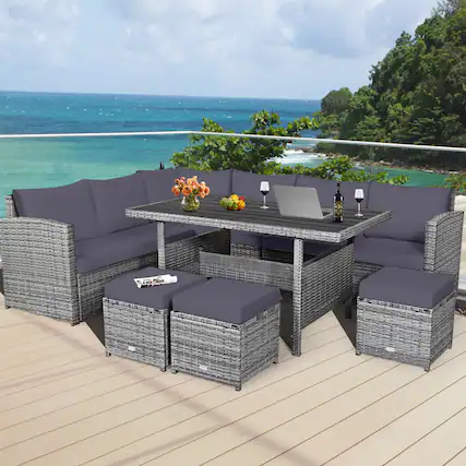 Front. Gymax - Gymax 7PCS Rattan Patio Sectional Sofa Set Conversation Set w/ Grey Cushions - Grey.