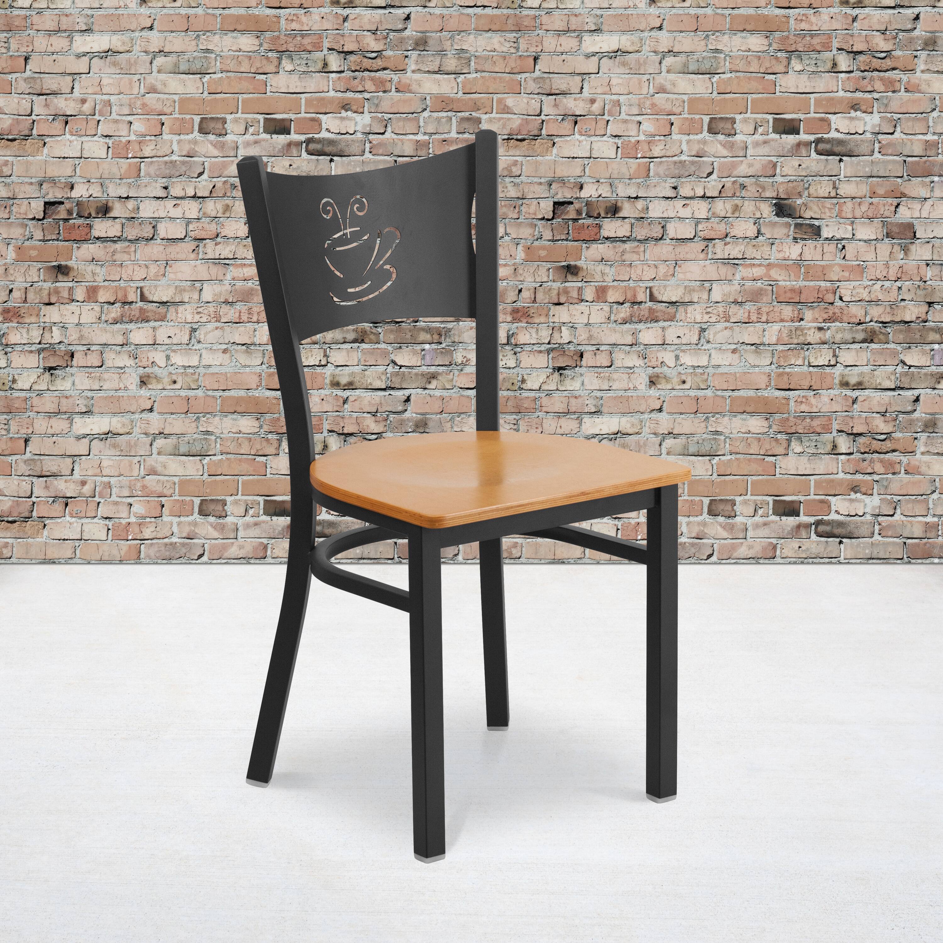 Alt View 1. Emma + Oliver - Coffee Back Metal Restaurant Dining Chair - Natural Wood Seat/Black Metal Frame.