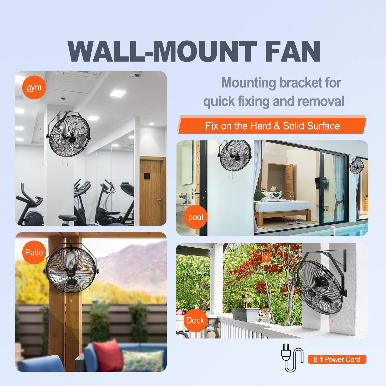 WALL-MOUNT FAN Mounting bracket for quick fixing and removal Fix on the Hard & Solid Surface gym pool Patio Deck 6 ft Power Cord