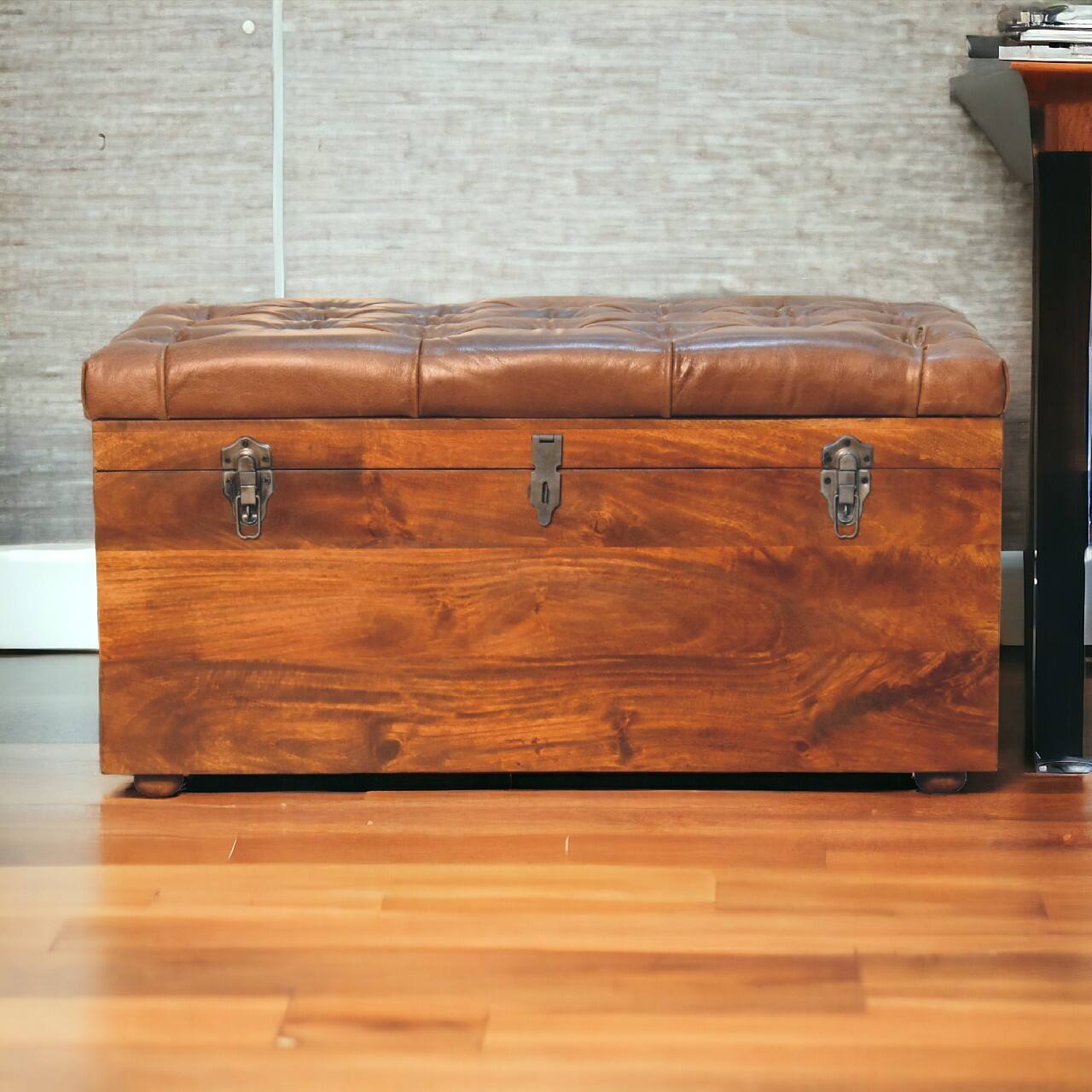 Angle. Artisan Furniture - Artisan Furniture Solid Wood Buffalo Hide Chestnut Storage Trunk, Upholstered, Dark Brown - Dark Brown.