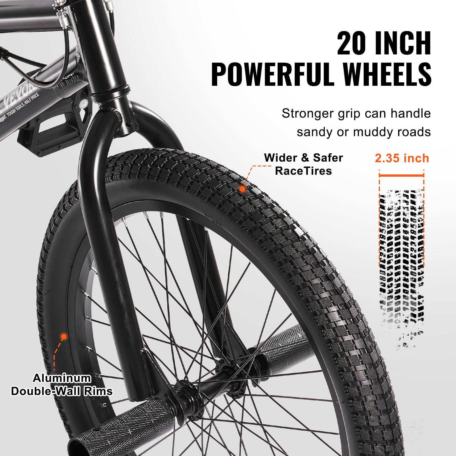 VEVON TONGH TDOL5, 1O0LE MALE PRICE TOUGH Ap Sa 20 INCH POWERFUL WHEELS Stronger grip can handle sandy or muddy roads Wider & Safer RaceTires 2.35 inch Aluminum Double-Wall Rims