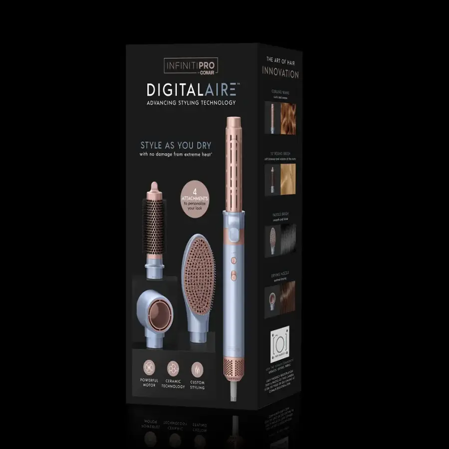 The Infinipro Hair Conair Innovation Digitalaire Cruising TAAC is an advanced styling technology that allows you to style your hair as you dry with no damage from extreme heat. The round brush has four attachments to personalize your look and comes with a powerful ceramic motor technology for smooth styling. The Digitalaire Cruising TAAC is a hair dryer that is designed to style your hair while you dry it, providing a convenient and efficient way to achieve your desired hairstyle.