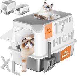 Pawtners - XL Enclosed Stainless Steel Cat Litter Box, Front Entry, Top Exit, Odor Control, Easy to Clean - White Grey