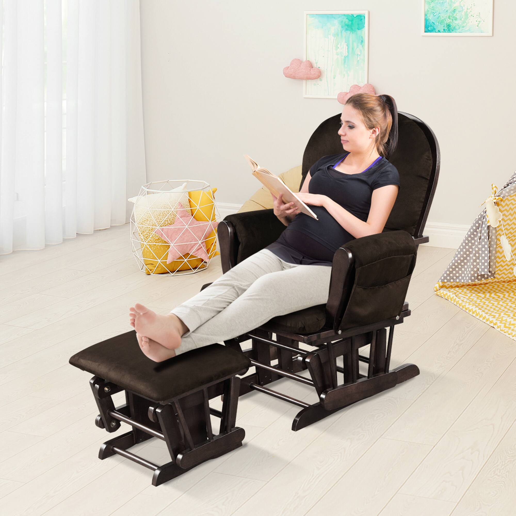 Alt View 3. Costway - Costway Wood Glider Rocker Chair Ottoman Set w/Cushion  for Nursery - Brown.