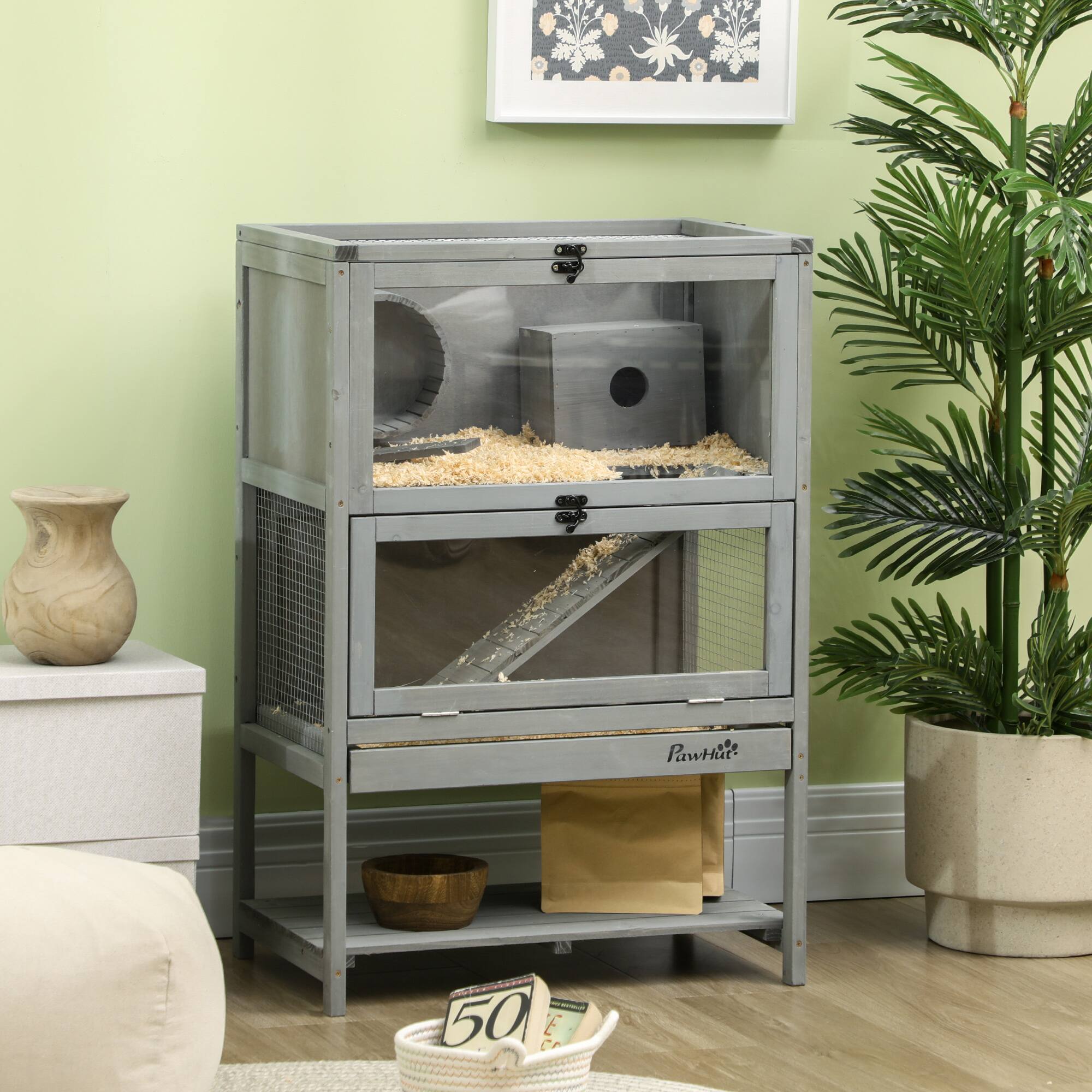 Alt View 1. Pawhut - Hamster Cage with Storage Shelf, Large Rat Mouse Habitat Including Seesaw.