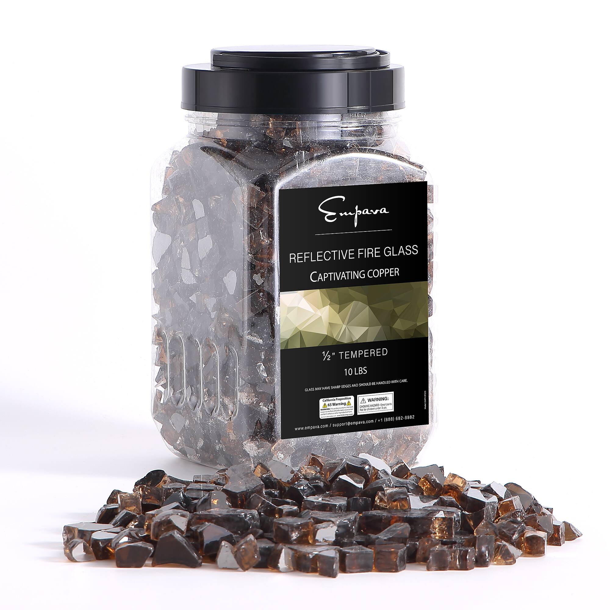 Empava REFLECTIVE FIRE GLASS CAPTIVATING COPPER 1/2 TEMPERED 10 LBS - LARGE MASS SHAPE JOSE AND STOND HANDLED WITH CARE - WARNING: DO NOT TOUCH WITH - - 741 (M 082-0982 - 1 Sppor@empea.com
