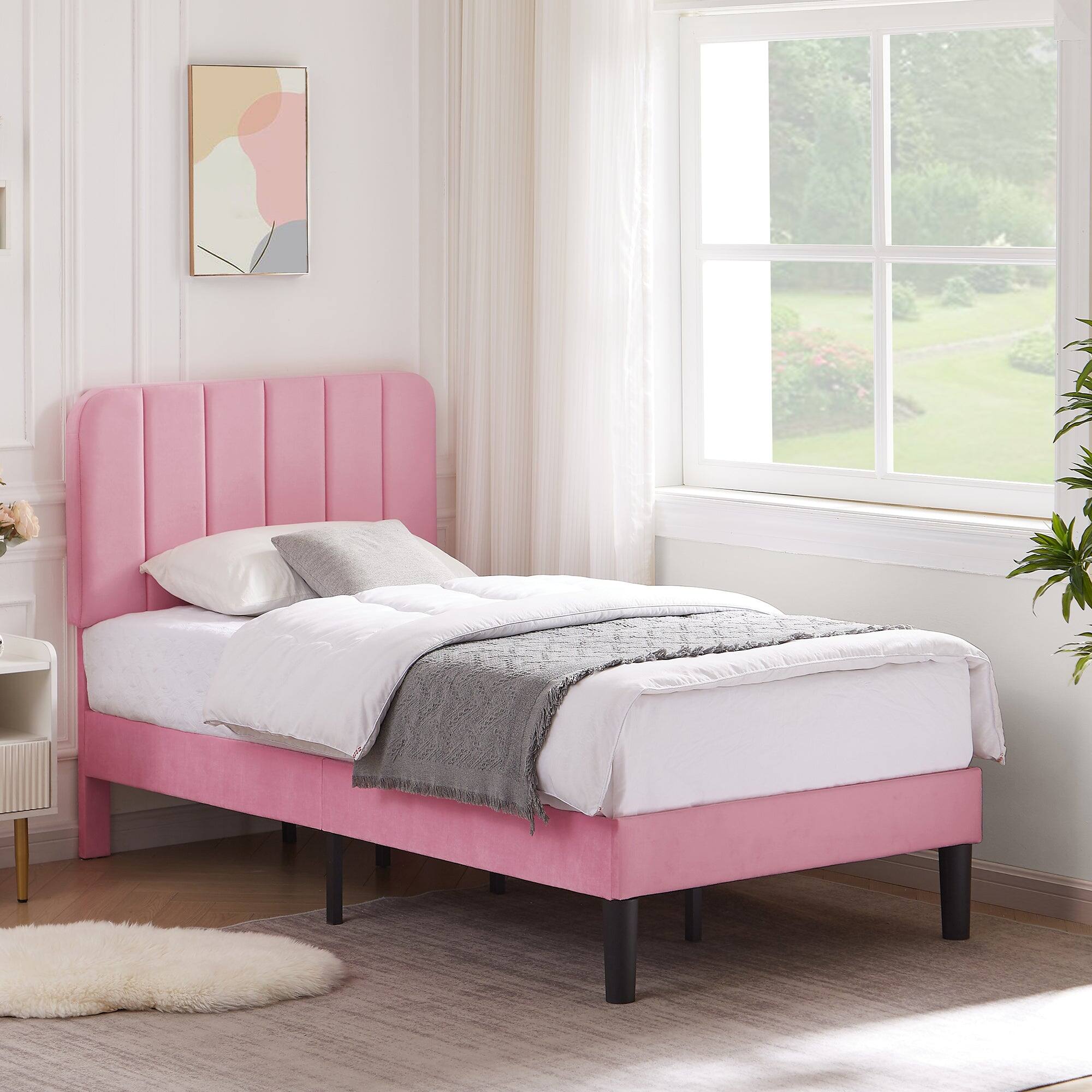 Alt View 2. Vecelo - Upholstered Twin Size Platform Bed Frame with Adjustable Headboard,Velvet Bed Frame No Box Spring Needed - Pink.