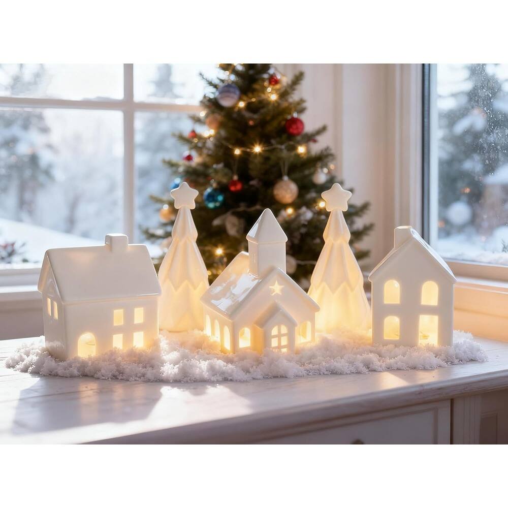Schertz - 5-Pc Ceramic Christmas Village Set with 3 Lighted Houses & 2 Pine Trees - White