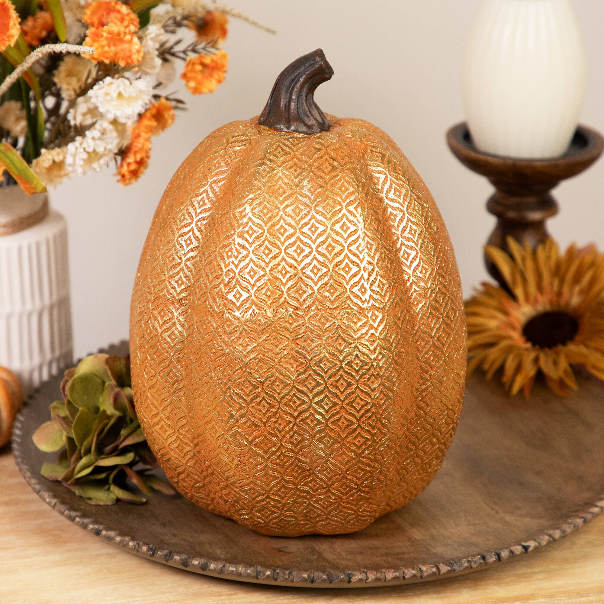 Northlight - Embossed Ogee Fall Harvest Pumpkin Decoration - 9.75" - Orange