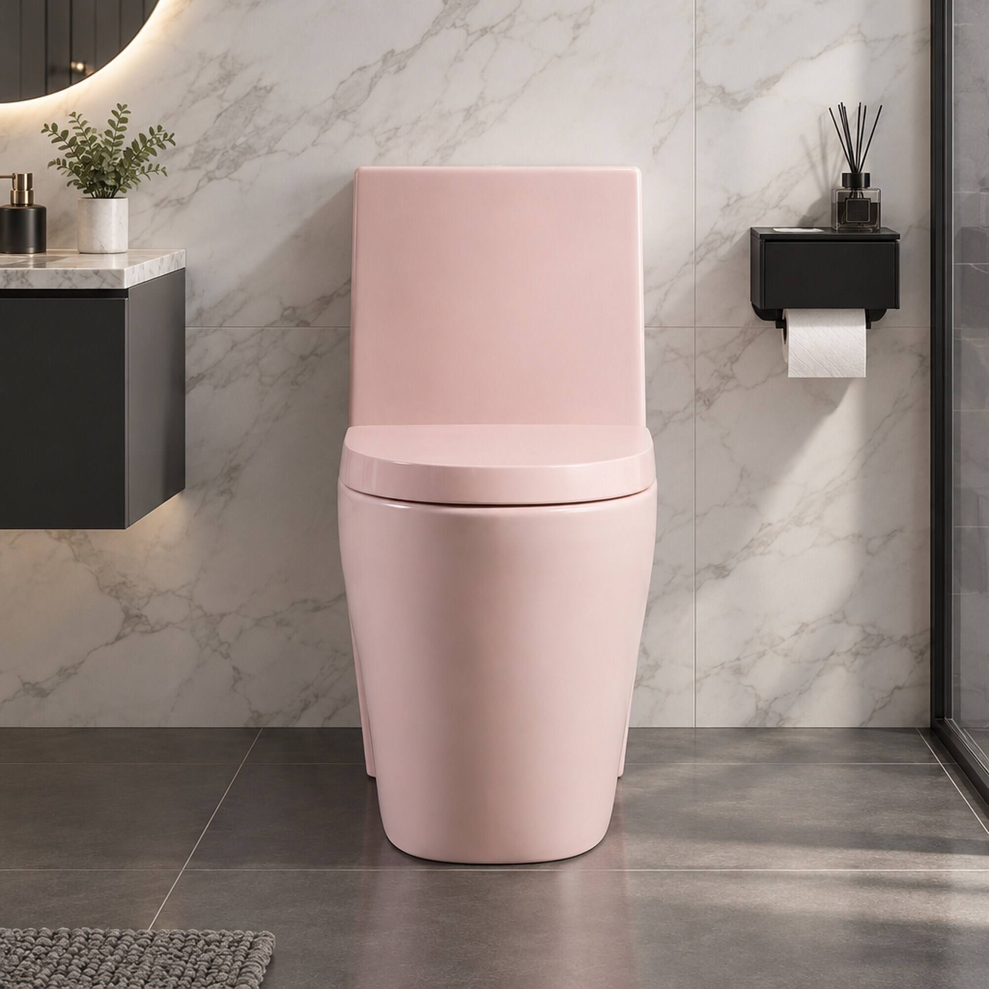 Alt View 1. RYHNUYNE - One Piece Toilet, Dual Flush Elongated Comfort Height Floor Mounted Soft Close Seat 1000 Gram Flush Score - Rose Pink.