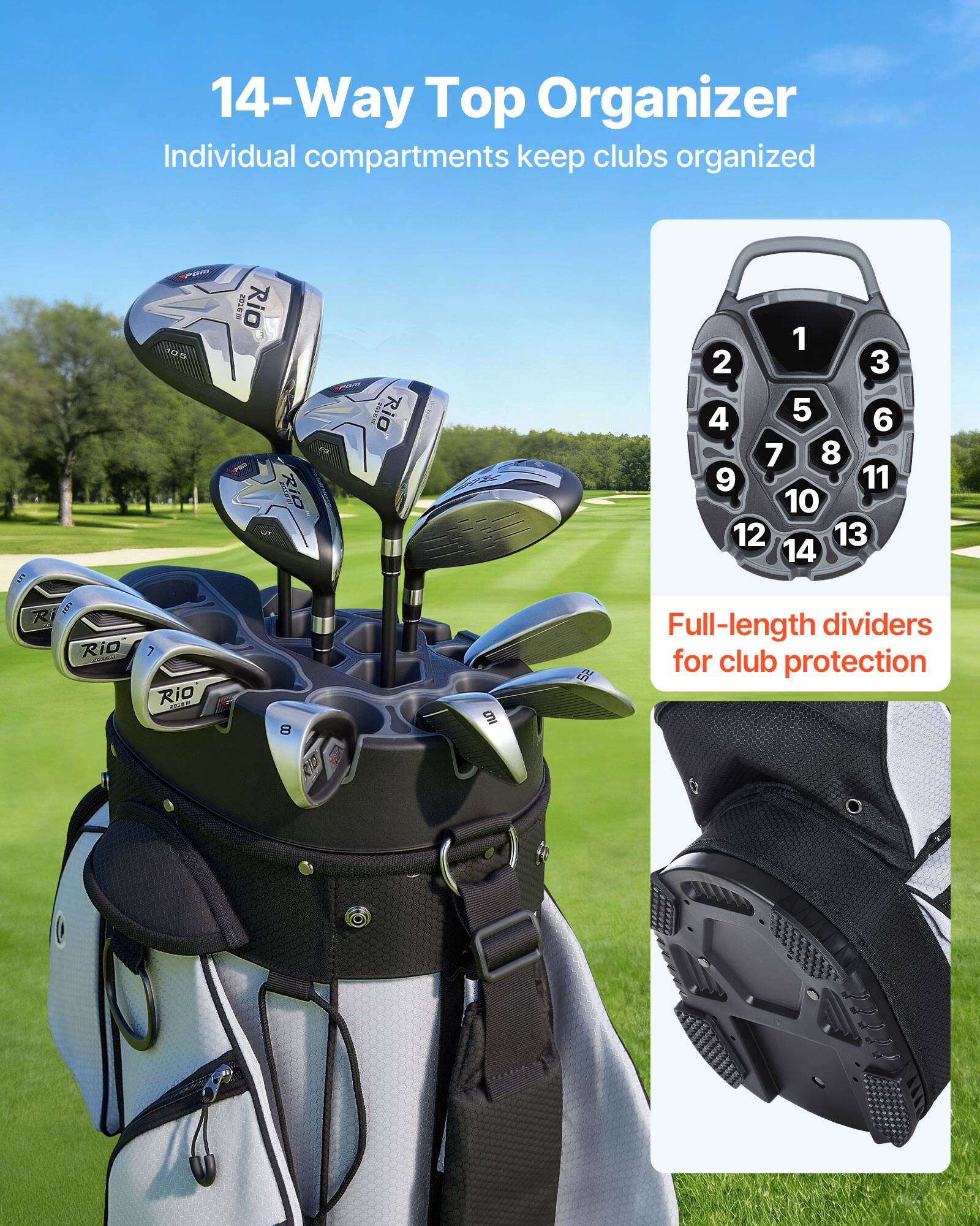 14-Way Top Organizer  
Individual compartments keep clubs organized  

Full-length dividers for club protection