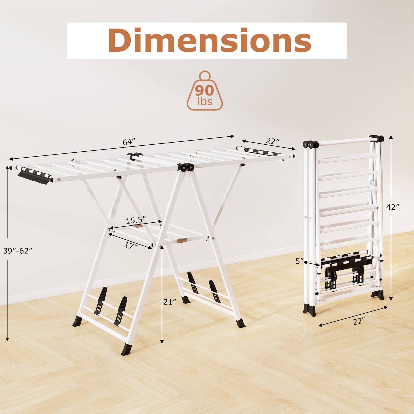 Dimensions:  
- Weight Capacity: 90 lbs  
- Length: 64"  
- Width: 22"  
- Height: 42"  
- Adjustable Height: 39"-62"  
- Depth: 15.5"  
- Width of Steps: 21"  
- Width of Base: 22"  
- Height of Base: 5"