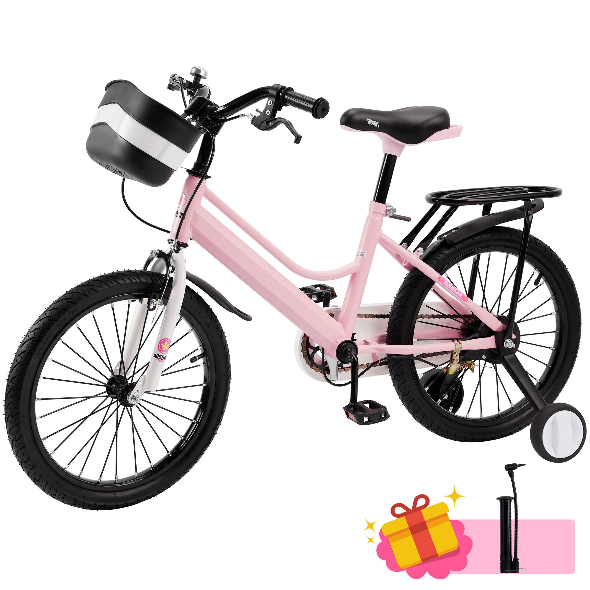 Topteng - 18" Kids Bike for Boys and Girls with Training Wheels,Basket, Dual Brakes, Adjustable Handlebars & Seat - Pink