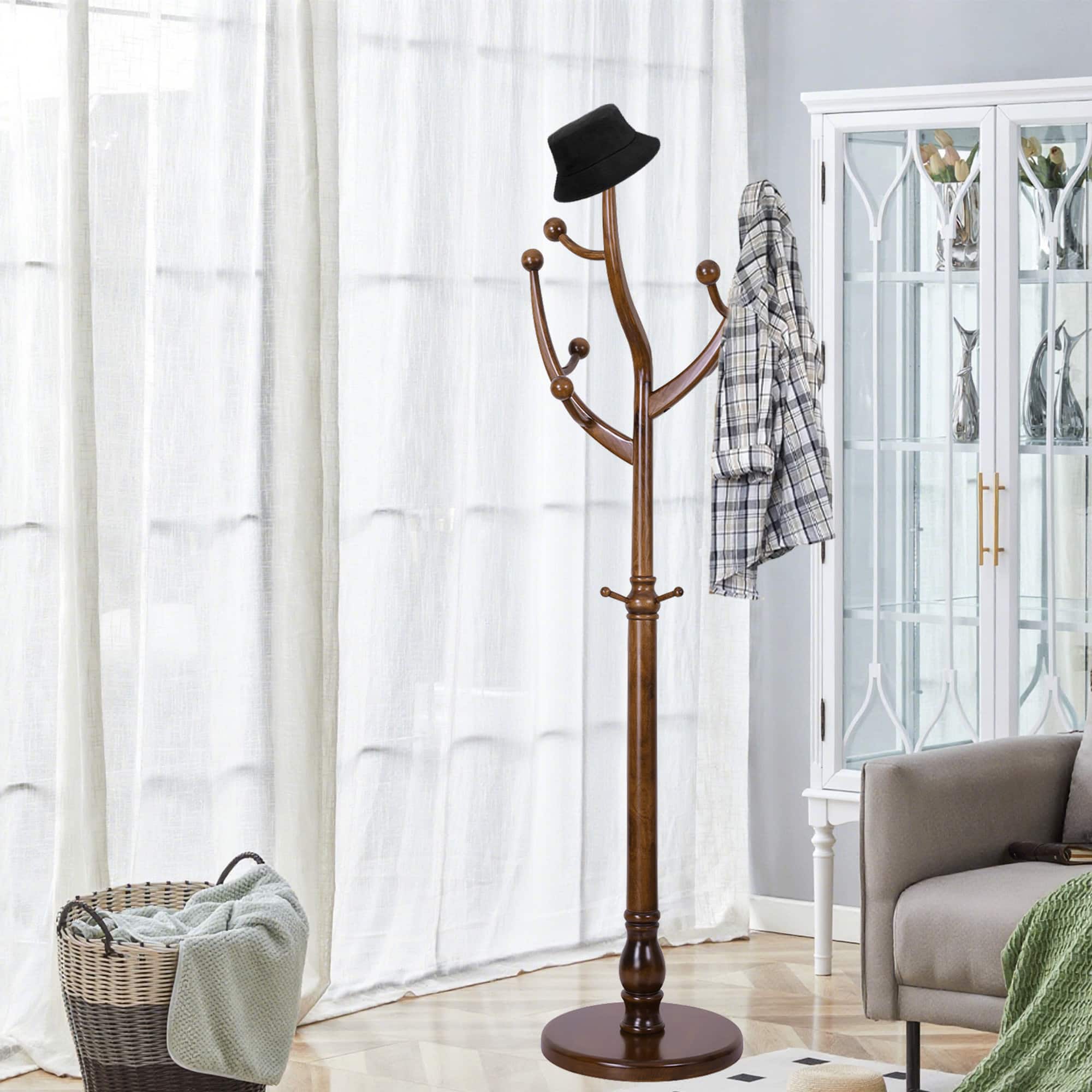 Chateau Abodes - Wood Coat Rack Freestanding with 11 Hooks, Tree Branch Design & Sturdy Base for Entryway, Hallway, Bedroom - Walnut