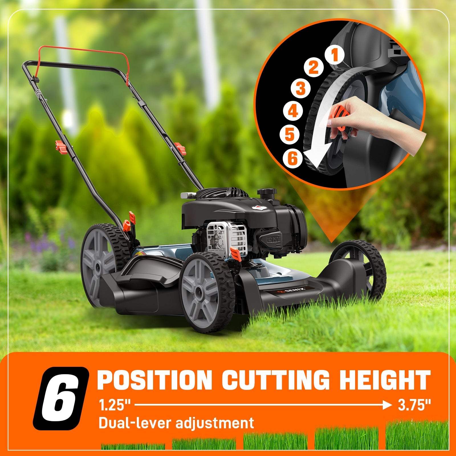 2 3 4 5 6 1 POSITION CUTTING HEIGHT 6 1.25" 3.75" Dual-lever adjustment