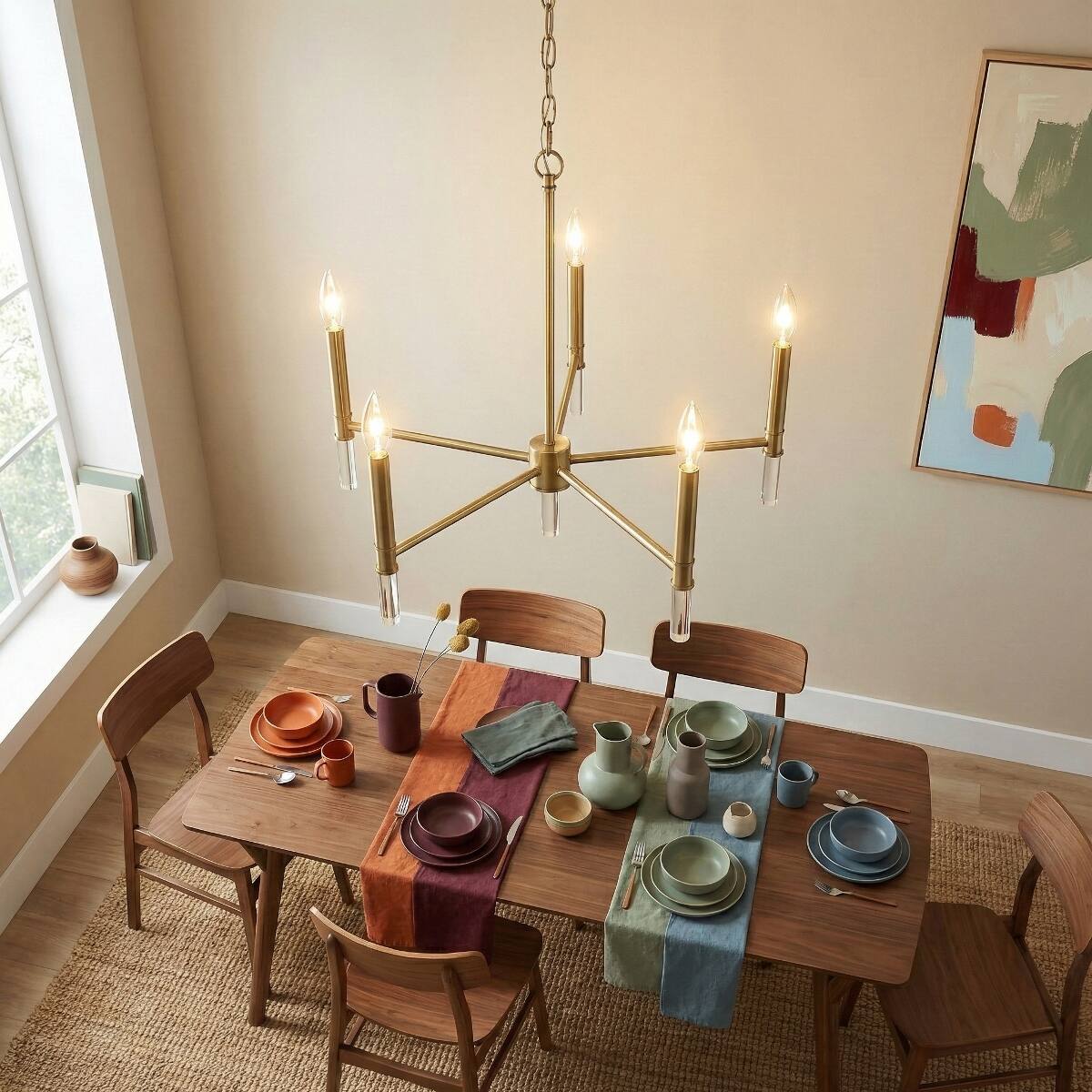 Angle. Loheer - Loheer Five Light Golden Brass Chandelier, 24 Inch Wide Candle Style Ceiling Light.