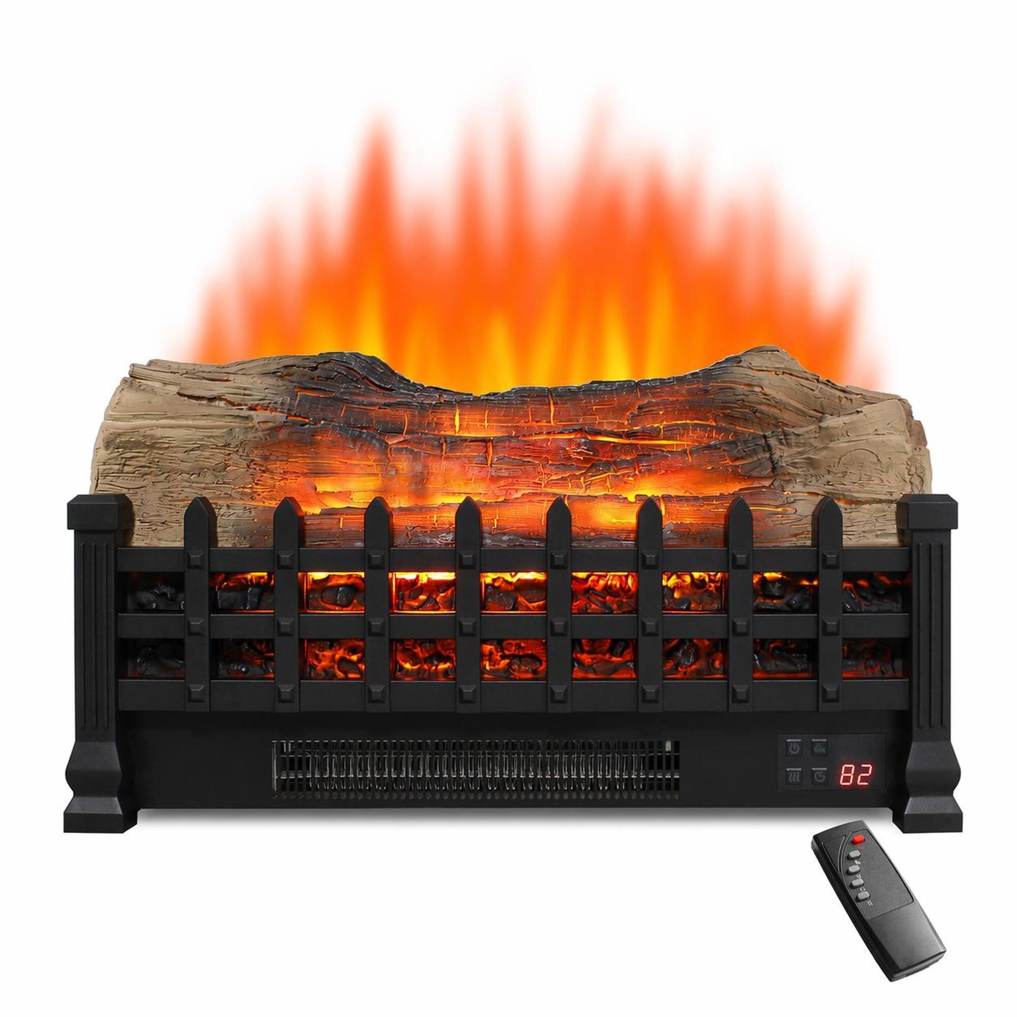 Front. RYHNUYNE - 20 Inch Electric Fireplace 3D Log Set Insert – Freestanding Heater with Remote Control for Indoor Use - Antique Black.
