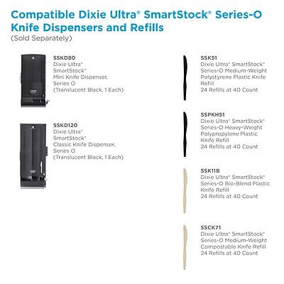 Compatible Dixie Ultra* SmartStock Series-O Knife Dispensers and Refills (Sold Separately)

- SSKD80: Dixie Ultra* SmartStock Mini Knife Dispenser, Series O (Translucent Black, 1 Each)
- SSKS1: Dixie Ultra* SmartStock Series-O Medium-Weight Polystyrene Plastic Knife Refill (24 Refills at 40 Count)
- SSKD120: Dixie Ultra* SmartStock Classic Knife Dispenser, Series O (Translucent Black, 1 Each)
- SSPKH51: Dixie Ultra* SmartStock Series-O Heavy-Weight Polypropylene Plastic Knife Refill (24 Refills at 40 Count)
- SSK11B: Dixie Ultra* SmartStock Series-O Bio-Blend Plastic Knife Refill (24 Refills at 40 Count)
- SSCK71: Dixie Ultra* SmartStock Series-O Medium-Weight Compostable Knife Refill (24 Refills at 40 Count)