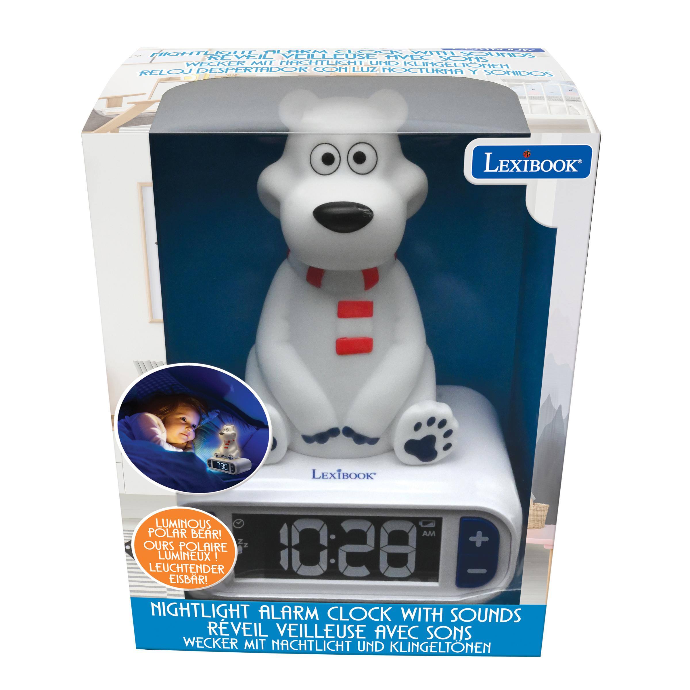 NIGHTLIGHT ALARM CLOCK WITH SOUNDS  
RÉVEIL VEILLEUSE AVEC SONS  
WECKER MIT NACHTLICHT UND KLINGELTONEN  
RELOJ DESPERTADOR CON LUZ NOCTURNA Y SONIDOS  

LEXIBOOK  
130  

LEXIBOOK  
LUMINOUS POLAR BEAR!  
OURS POLAIRE + LEUCHTENDER LUMINEUX!  
EISBAR!  

10:28 AM  

LUMINOUS POLAR BEAR!  
OURS POLAIRE LUMINEUX!  
LEUCHTENDER EISBAR!