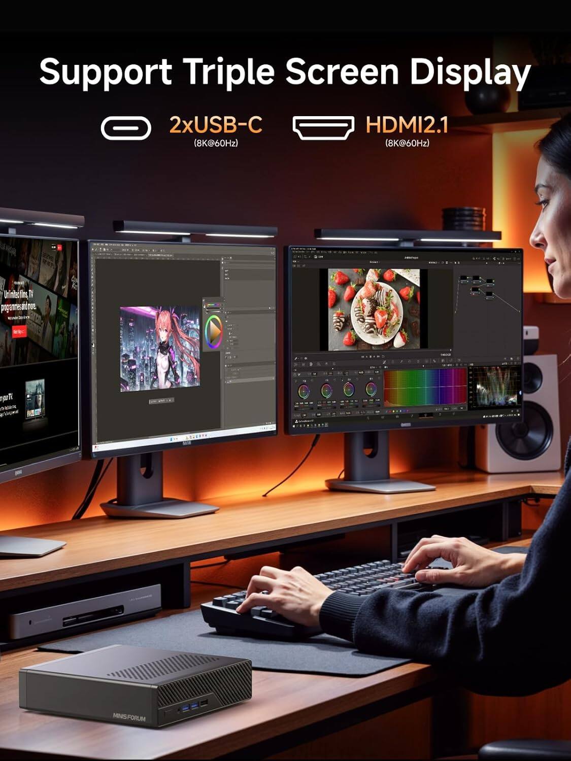 Support Triple Screen Display  
2xUSB-C (8K@60Hz)  
HDMI2.1 (8K@60Hz)