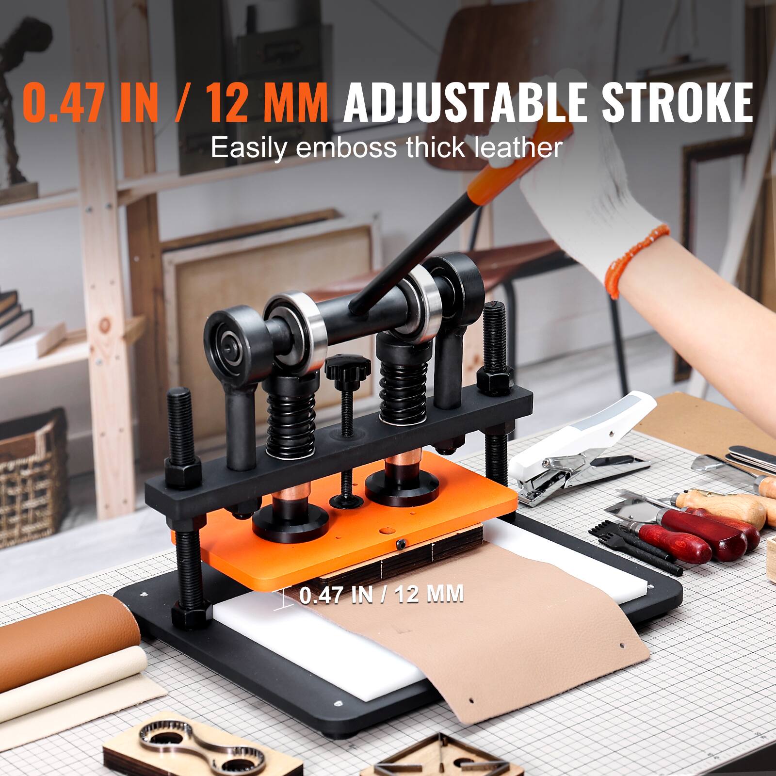 0.47 IN / 12 MM ADJUSTABLE STROKE  
Easily emboss thick leather