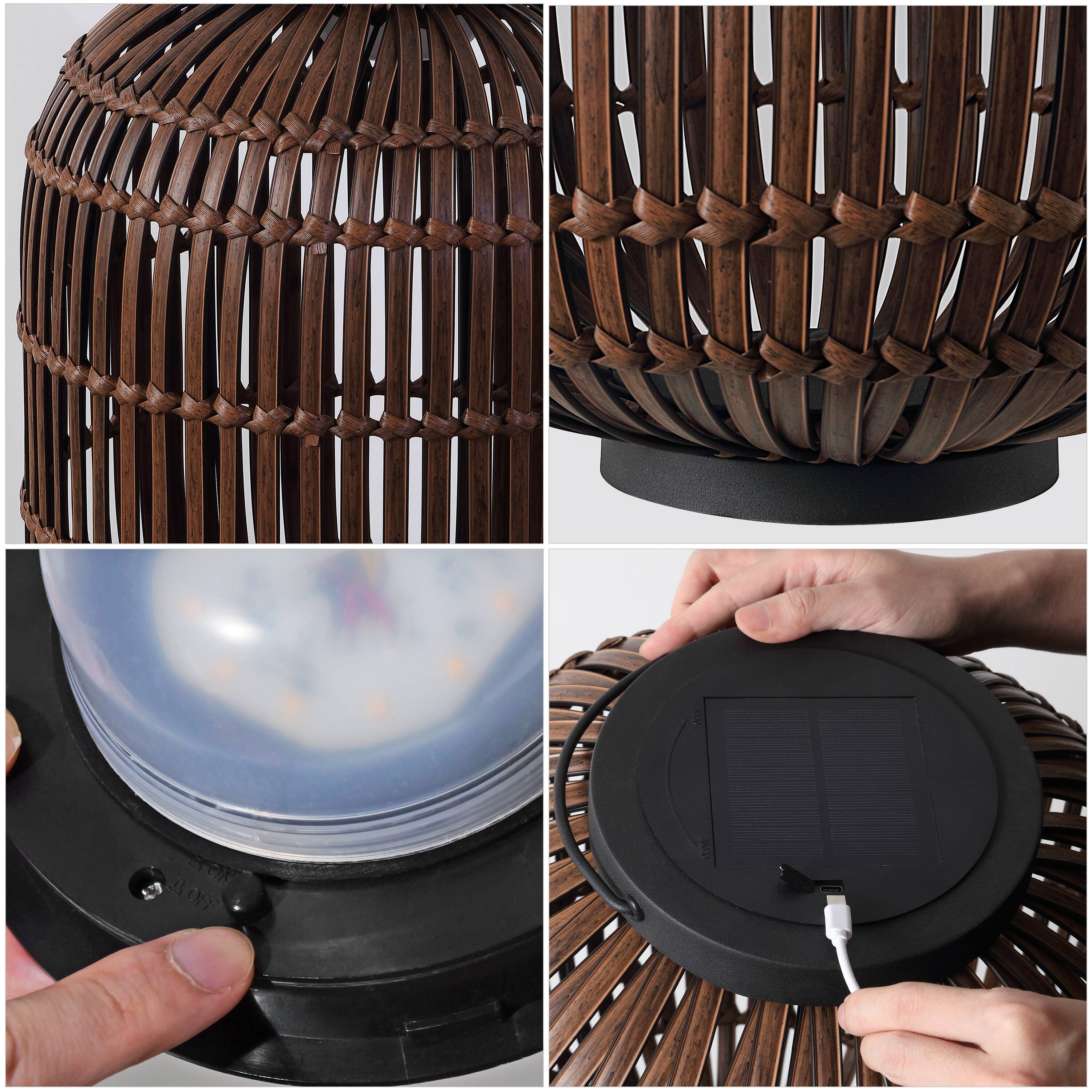 Alt View 5. Jonathan Y - Nara 20.5" Modern Global Faux Rattan Integrated Indoor/Outdoor LED Solar Powered Lantern, Dark Brown/Black - Dark Brown/Black.