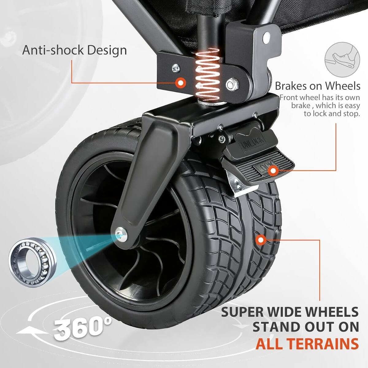Anti-shock Design

Brakes on Wheels
Front wheel has its own brake, which is easy to lock and stop.

360°

SUPER WIDE WHEELS STAND OUT ON ALL TERRAINS