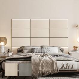 wowmax - Peel & Stick Faux Leather Headboard - Waterproof 3D Wall Panel for King Bed, 23.6x11.8", (12-Pack) - Beige