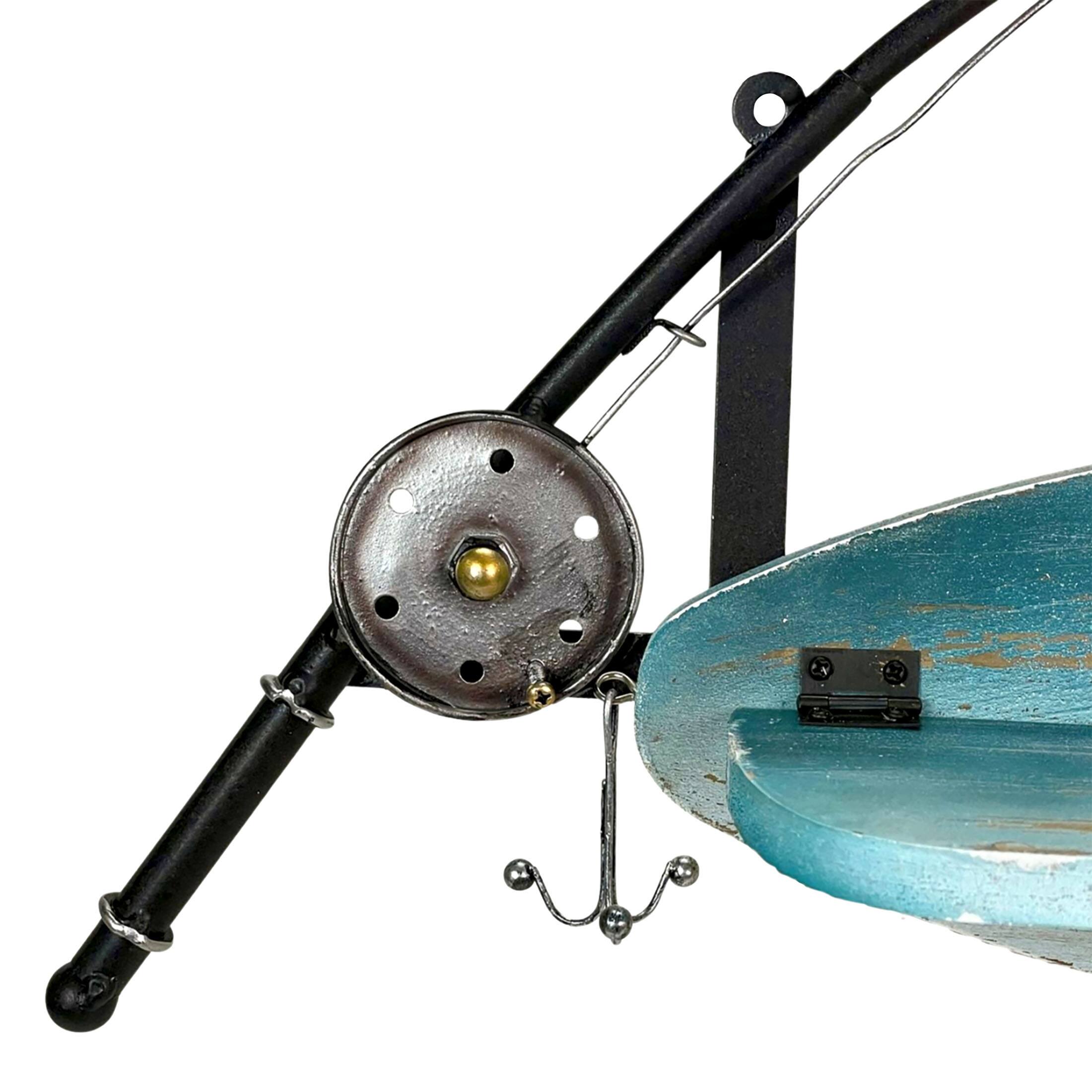 Alt View 7. Zeckos - Fishing Pole Wall Shelf with Two Lure Shelves Rustic Metal Wood Zeckos 24" Decor - Multicolored.