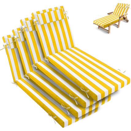 Front. Chateau Abodes - 4PCS Outdoor Chaise Lounge Cushion, Waterproof Patio Chaise Lounge Cushion with Ties, 72" L X 21" W X 3" D - Bright Yellow and White Stripes.