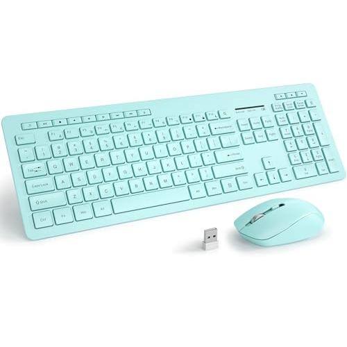 Cedar Assembly - Wireless And Mouse Combo 2.4ghz Cordless Quiet With Usb Receiver Full Size Cute Green Compatible For Windows - Blue