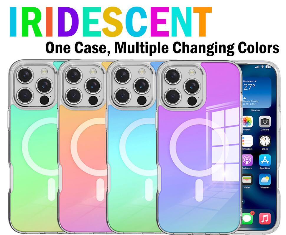 IRIDESCENT  
One Case, Multiple Changing Colors  

il 81 Budapest 4 27  
Mostly Cloudy H28 L15  

Weather Photos Camera - - eminders Clock 9 PPPP Podcasts Wallet App Weather A Store 6