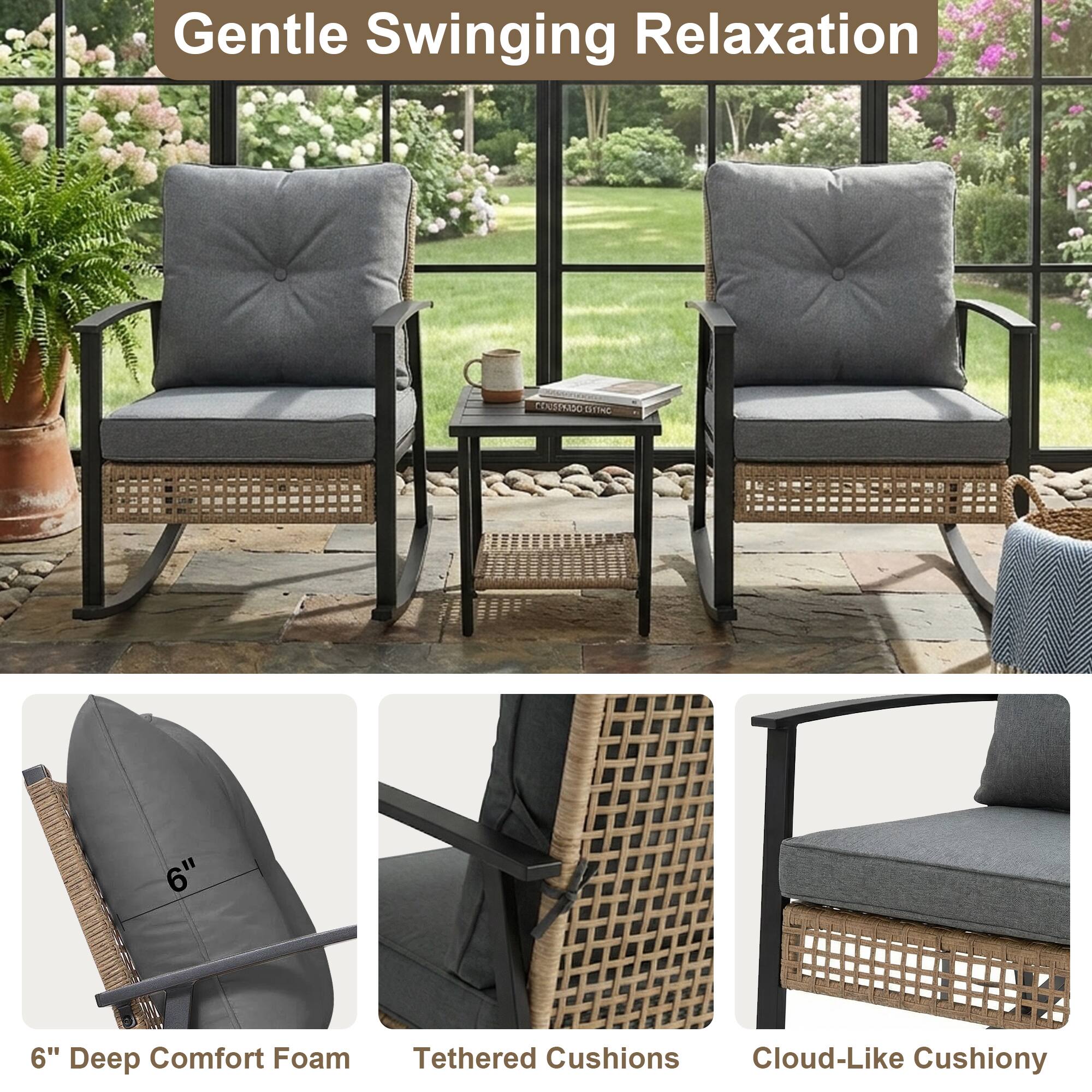 Gentle Swinging Relaxation

6" Deep Comfort Foam
Tethered Cushions
Cloud-Like Cushiony