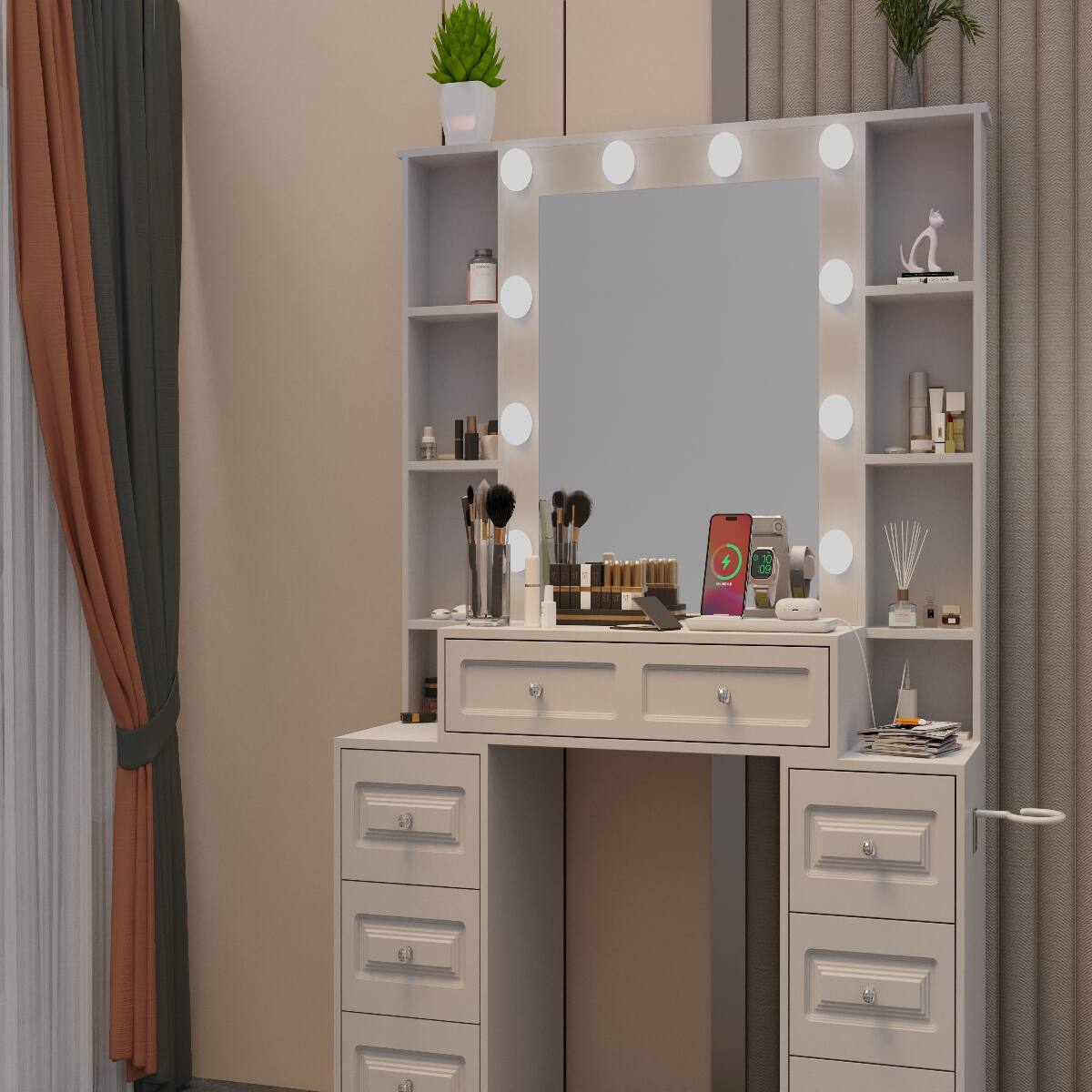 Left. Loheer - Loheer makeup vanity desk with mirror and lights, White Vanity Table with Seven Drawers - White.