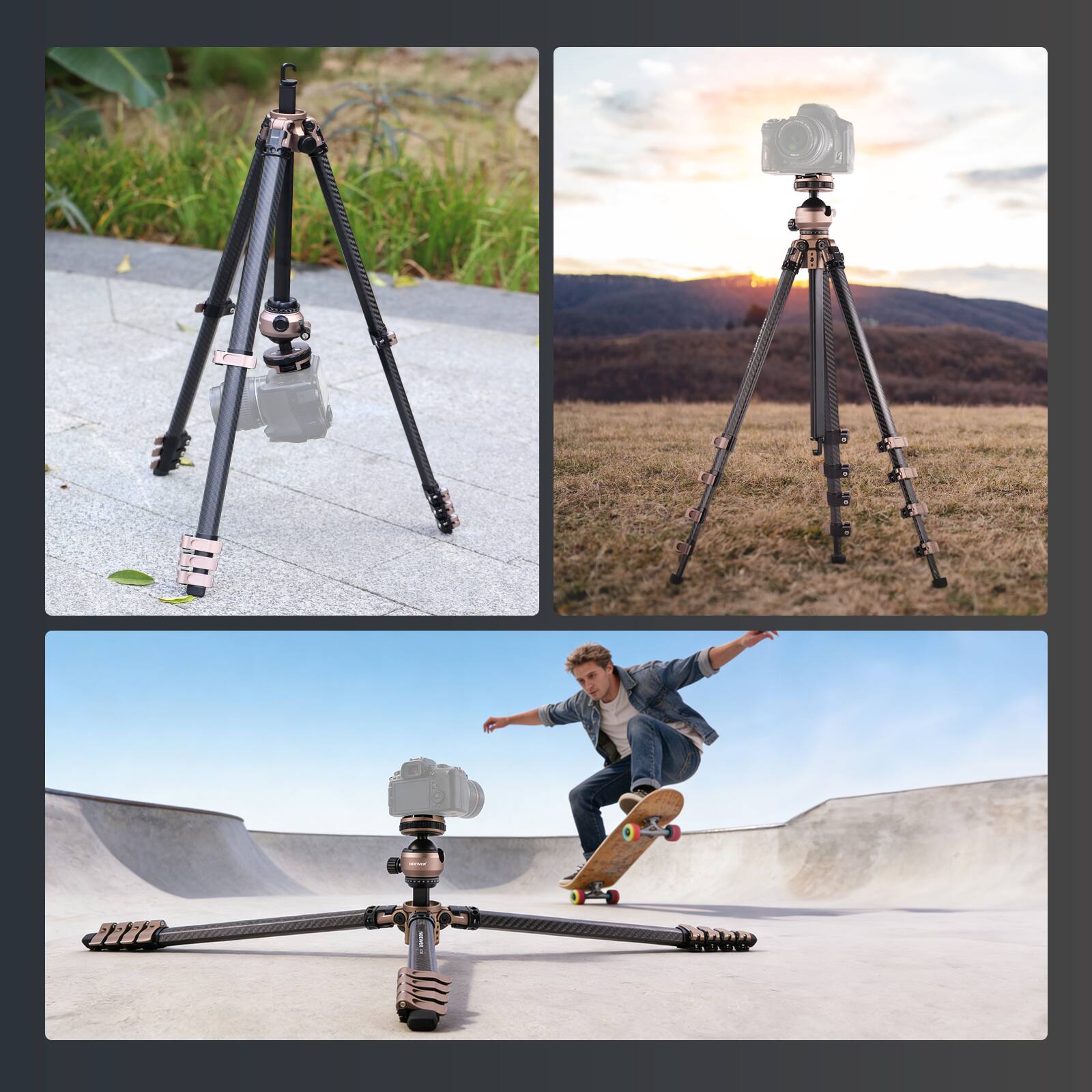Alt View 3. Neewer - Carbon Fiber Travel Tripod, 62.4", Low-Profile Ball Head, 22lb, LT39.
