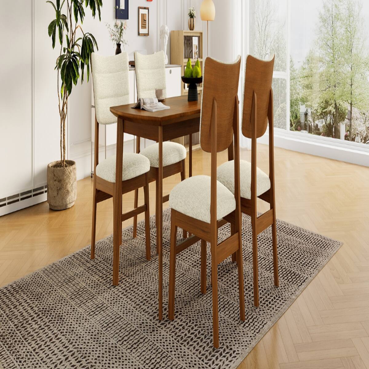 Alt View 7. Loheer - Loheer Farmhouse Dining Table Set for 4 with Upholstered Dining Chairs, Brown and Beige - Brown and Beige.