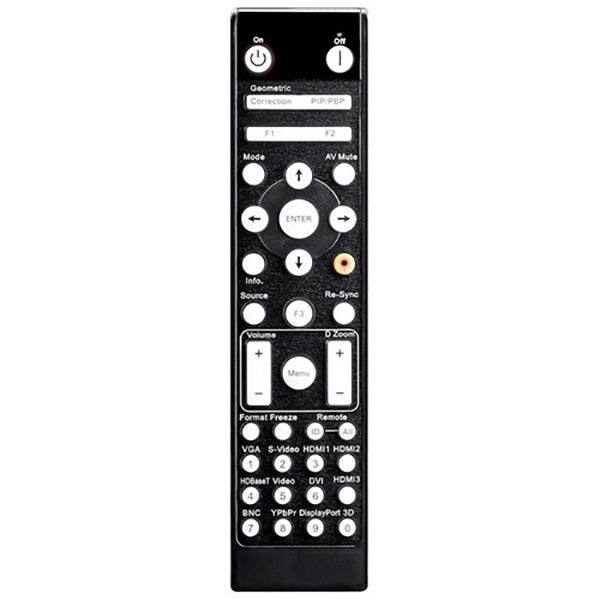 Sure, here is the corrected and grouped text from the image:

**Top Section:**
- Geometric Correction
- PIP: PEP

**Buttons:**
- F1
- F2

**Middle Section:**
- Mode
- AV Mute
- ENTER
- Info
- Source
- Re-Sync

**Volume Control:**
- Volume Down
- Volume Up

**Additional Controls:**
- Mute
- Format Freeze

**Input Options:**
- VGA
- S-Video
- HDMI1
- HDMI2
- HDMI3
- HDBaseT
- DVI
- BNC
- YPbPr
- DisplayPort 30

**Bottom Section:**
- Remote ID
- Menu
- All

**Other:**
- 12.00m