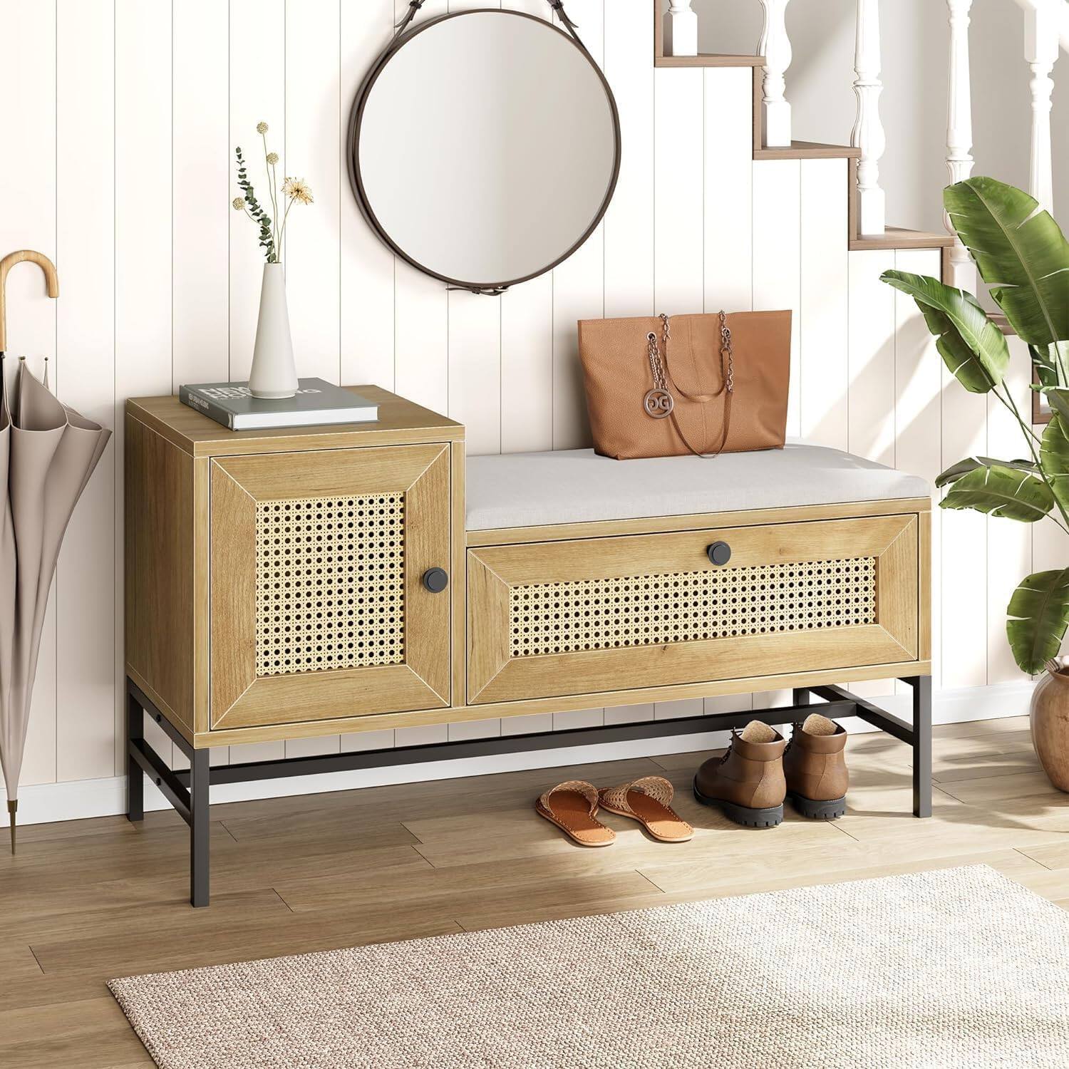 Front. Homhougo - Natural Oak Rattan Shoe Bench, Flip-Drawer Storage Cabinet, Entryway Organizer - Oak.