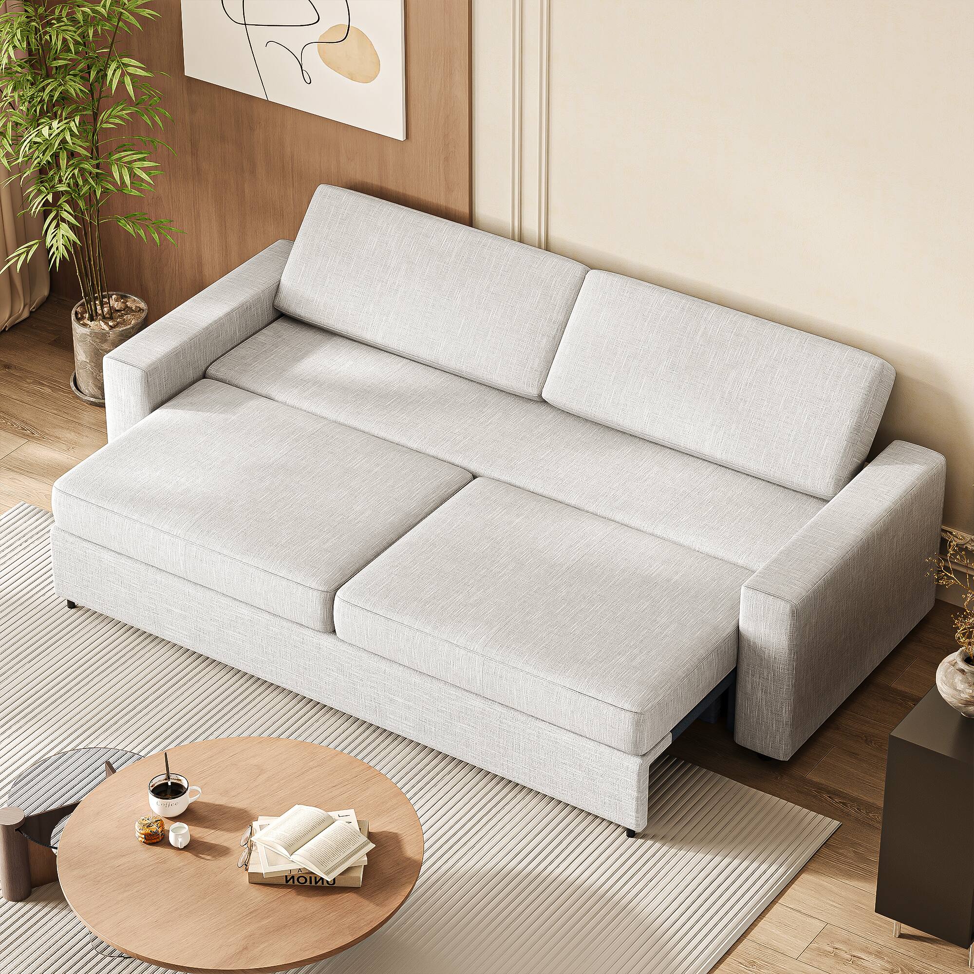 Alt View 3. MSOOB - 88.6 Inch Convertible Sleeper Sofa Bed With Pull Out Queen Daybed, Light Gray Linen Futon Couch With Solid Wood Frame - Grey.