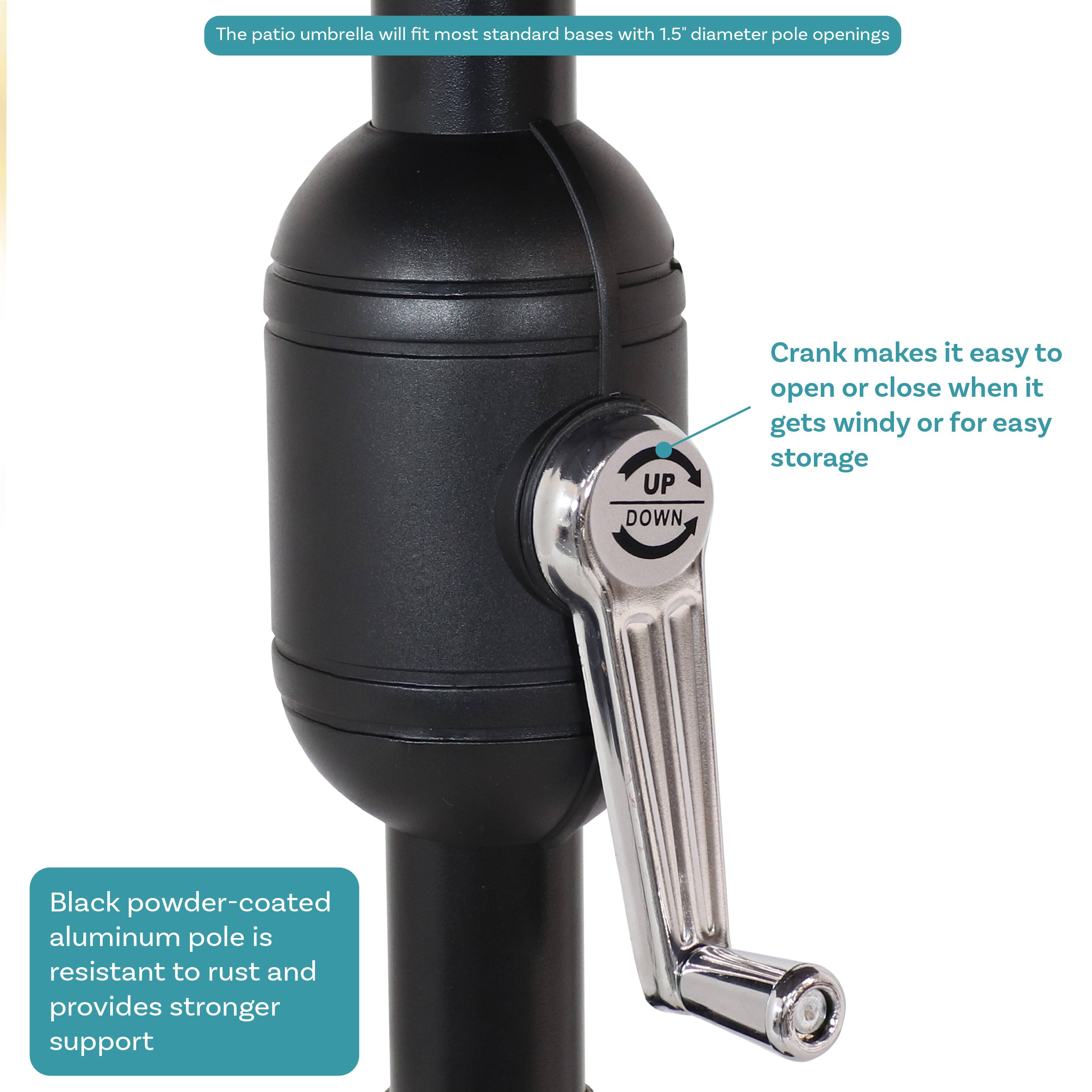 The patio umbrella will fit most standard bases with 1.5" diameter pole openings.

Crank makes it easy to open or close when it gets windy or for easy storage.

Black powder-coated aluminum pole is resistant to rust and provides stronger support.