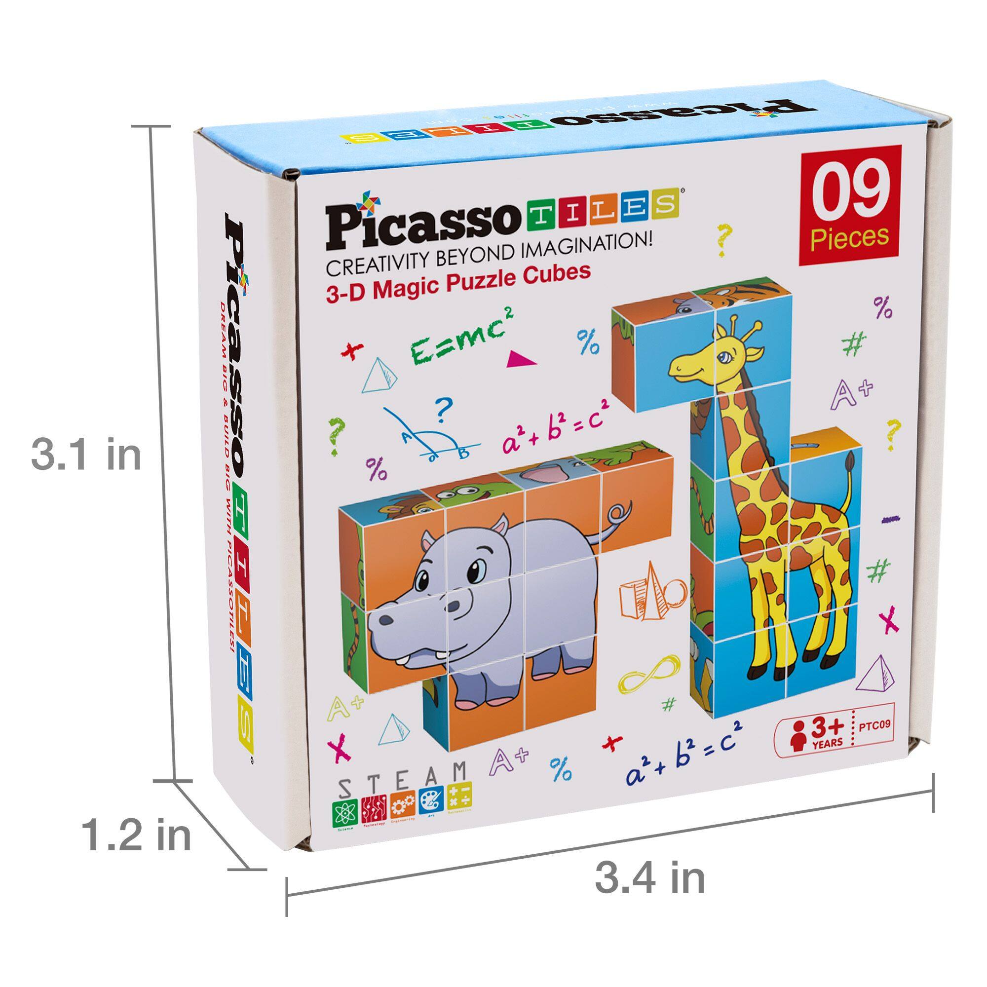Picasso Tiles  
Creativity Beyond Imagination!  
3-D Magic Puzzle Cubes  

09 Pieces  

3.1 in  
1.2 in  
3.4 in  

STEAM  

3+ Years  
PTC09  

E=mc²  
a² + b² = c²  
a + b = c²  

%  
#  
A+  
?  
×  
+  
-  
=