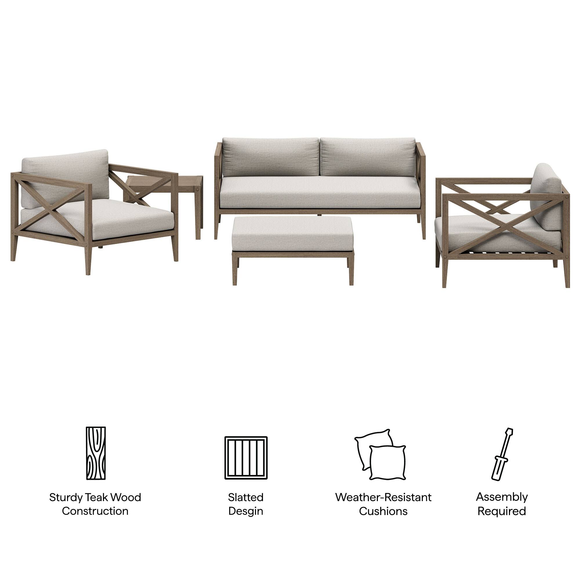 Sturdy Teak Wood Construction, Slatted Design, Weather-Resistant Cushions, Assembly Required