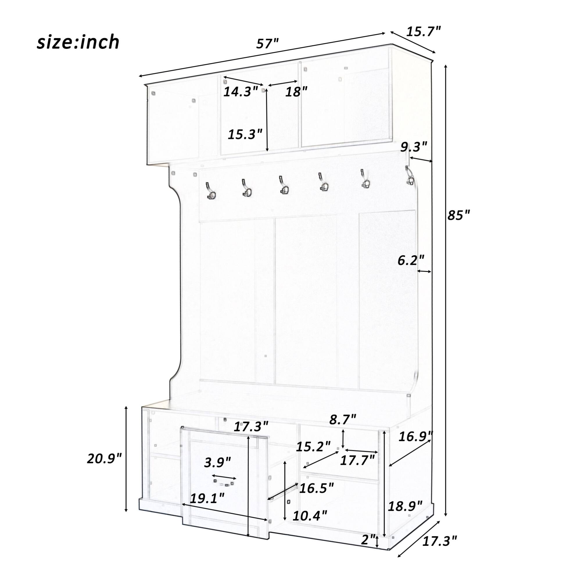 size: inch  
57" 15.7" 14.3" 15.3" 9.3" 85" 6.2" 20.9" 17.3" 3.9" 19.1" 8.7" 16.9" 15.2" 17.7" 16.5" 18.9" 10.4" 2" 17.3"