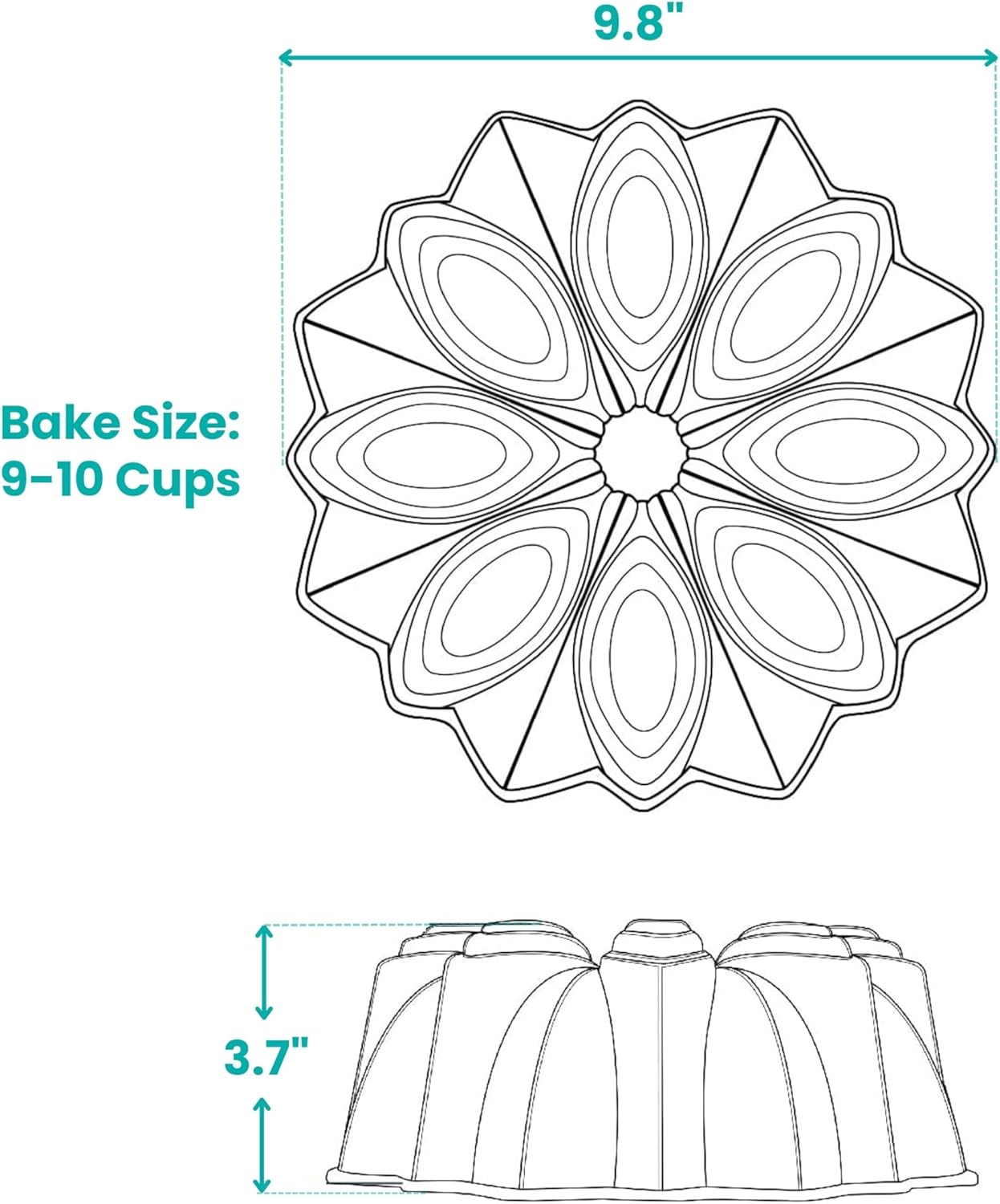 9.8"  
Bake Size: 9-10 Cups  
3.7"