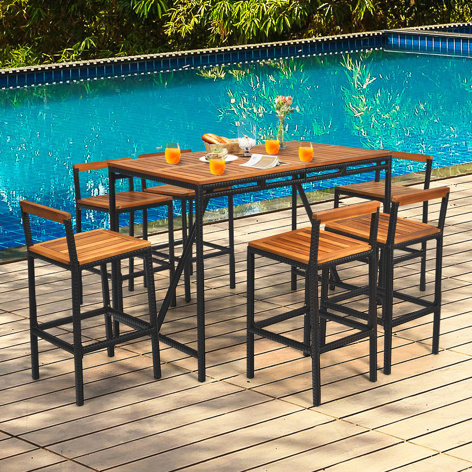 Alt View 3. Costway - Costway 7PCS Patio Rattan Bar Set Acacia Wood Frame Stools Table Umbrella Hole - Black,Natural.