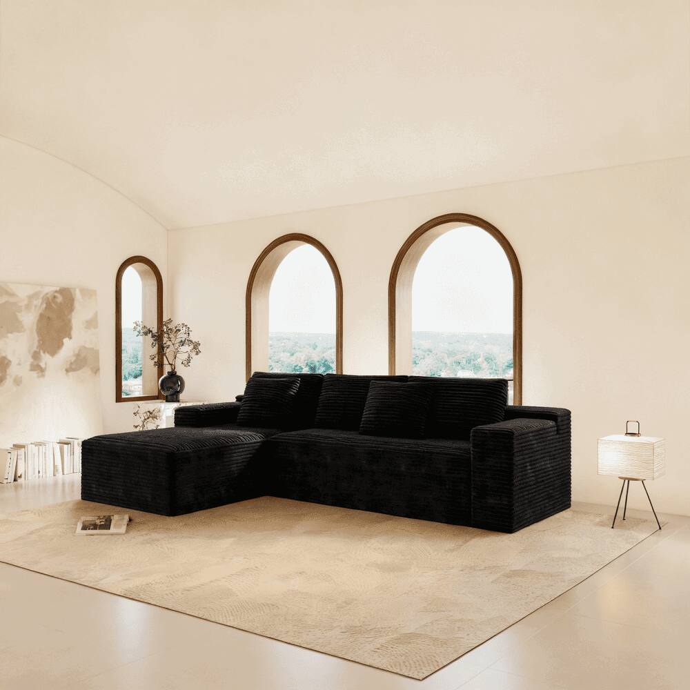 Back. Kadyn - 104" Right Chaise Modular Sectional, Soft Corduroy Cloud Couch with Deep Comfort Seating, Black - Black.