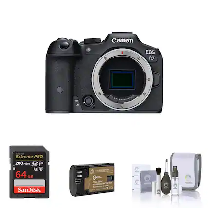 Canon EOS R7 1 CO N MF AF SanDisk Extreme PRO 200 MB/s V30 I 3 10 64 GB SanDisk - - G GX-UREINH IACK RECHARGEABLE BATTERY Camin J Pe Aaphon CE 0 - Um toV - PRO OP1C - PRO 317%