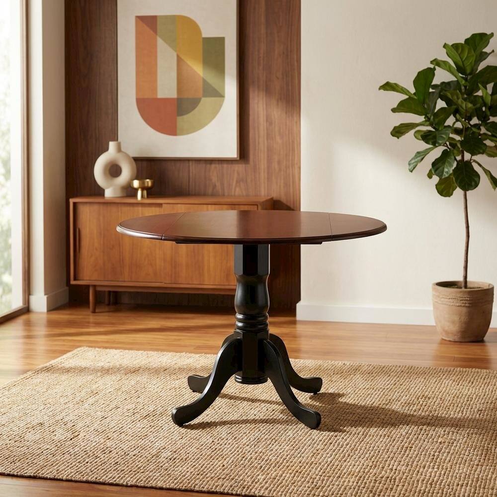 Alt View 3. FurniFact - Mahogany Drop Leaf Round Table - Mahogany & Black.